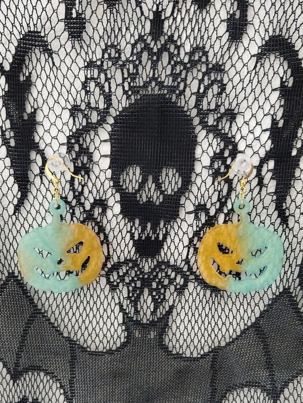 Handmade Resin Mint & Gold Pumpkin Jack-O'-Lantern Earrings